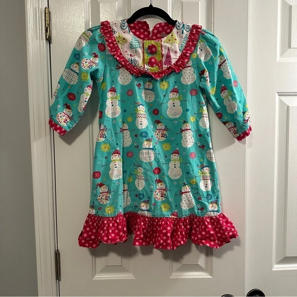 Jelly The Pug Snowman Holiday Ruffle Dress 100% Cotton Girls Size 8 - Picture 2 of 7